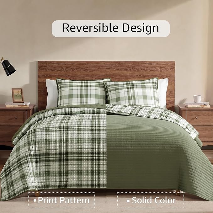 King Quilt-Lightweight Bedspread Plaid Quilt King Size Quilt Bedding Set | Green Reversible Neutral Coverlet with 2 Shams for All Seasons, Suitable for Bed, Couch, 3 Pieces, 106"x94"