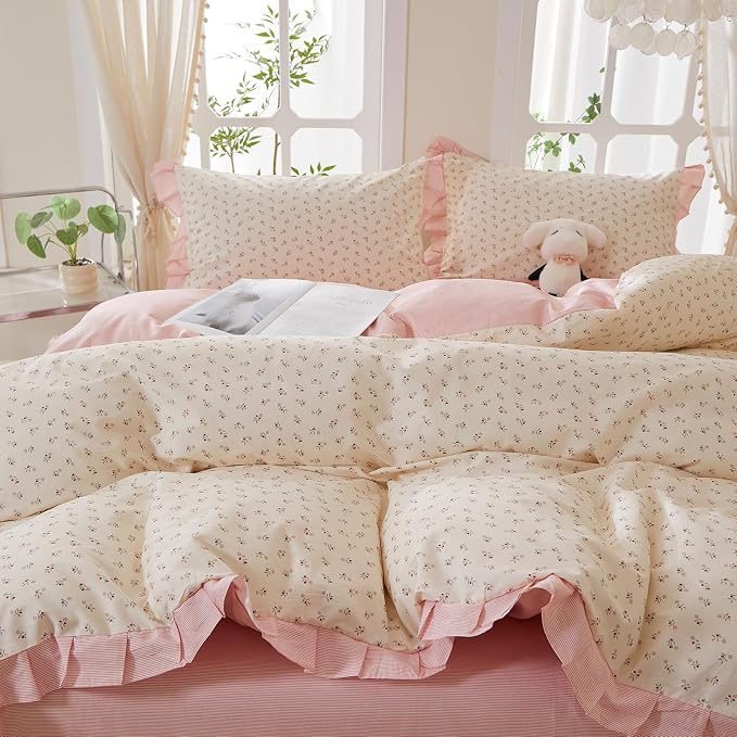 mixinni Pink Floral Duvet Cover Set Full Size – 100% Cotton Ruffle Lace Bedding, Romantic Blushing Flower Print, Reversible Striped Pattern, Cottagecore Soft Aesthetic Princess Bedding for Girls
