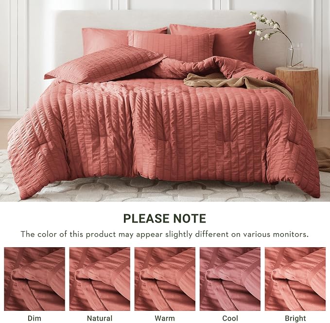 7 Pieces Full Comforter Set, Seersucker Bed in a Bag Full Size, All Season Luxury Bedding Set with Comforter, Flat Sheet, Fitted Sheet, Pillowcases & Shams, Coral