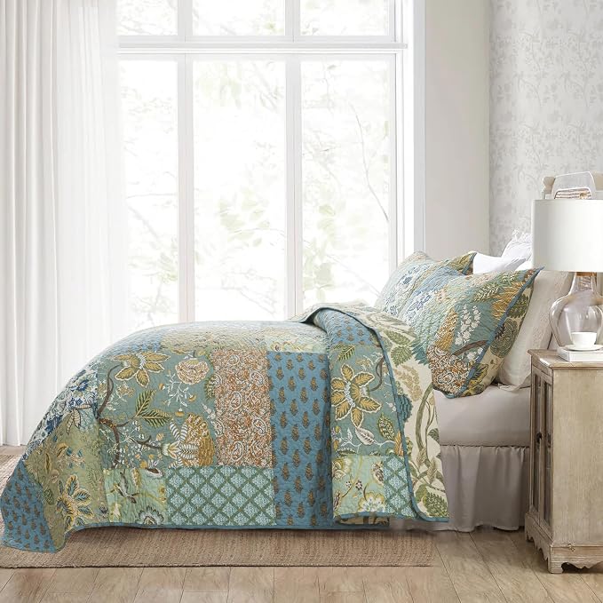 Quilt Set Queen Size, 100% Cotton Patchwork Green Bohemian Quilt Sets, Reversible Bedspread Lightweight and Breathable for All Seasons, Soft Quilted Bedspread with 2 Pillow Shams