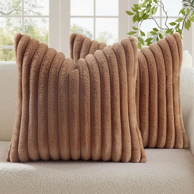 decorUhome Fall Faux Fur Throw Pillow Covers 16x16 Set of 2 Brown | Decorative Soft Cozy Striped Plush Modern Farmhouse Boho Couch Pillow Cases Velvet Back for Sofa Bed Living Room Home Decor