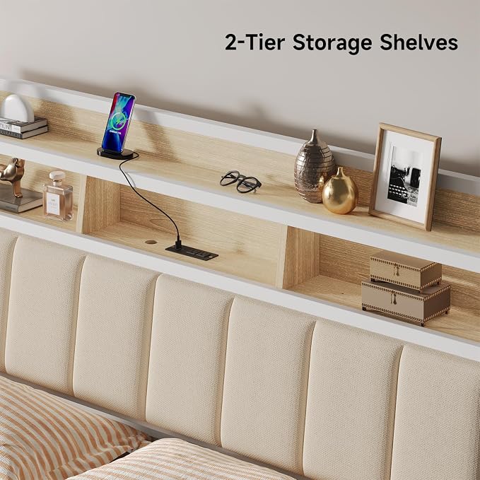 ComfyCorner Queen Size Headboard with Storage & LED Light, Off White | Upholstered Ergonomic Head Board with Power Outlets & 2-Tier Storage, Queen Headboard Only, Bed Frame Mounting, Heavy Duty