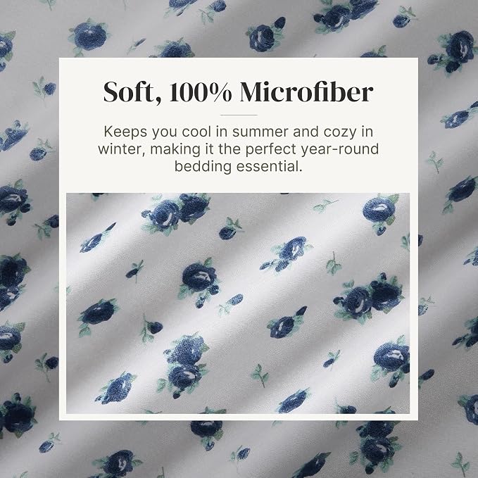 Modern Threads 4-Piece Ultra Soft Microfiber Bed Sheets Set, Wrinkle Free Sheets with Deep Pockets Fitted Sheet, Flat Sheet & Pillowcases, Lightweight Breathable Bedding, Blue Roses, King
