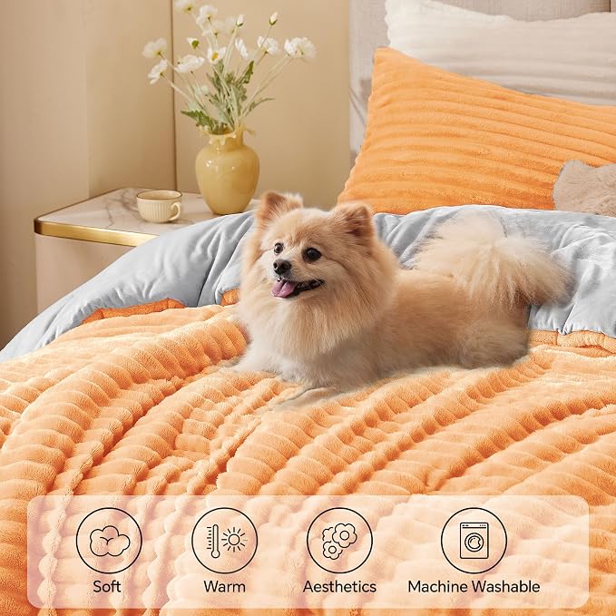 BEDELITE Fleece Queen Comforter Set, Fluffy Bed Set, Coral | Super Soft & Warm Bedding, Luxury Fuzzy Faux Fur Comforter for Winter, Heavy Plush Bedding, with 2 Pillowcases