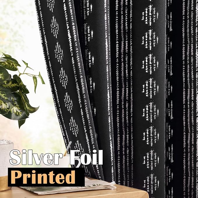 jinchan Boho Blackout Curtains 63 Inch Length for Bedroom Living Room | Silver on Black Geometric Foil Printed Grommet Curtains Room Darkening Thermal Insulated Window Treatments 2 Panels