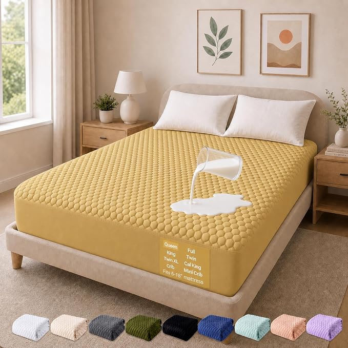OhGeni 100% Waterproof Mattress Protector,Queen Size Mattress Soft Pad,Pet Hair & Bedwetting Resistant,Cooling Breathable Fitted Sheets,Washable Bed Cover Over 99 pcs Hex Filled Bumps,Yellow
