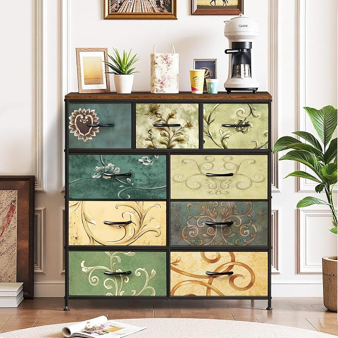 9-Drawer Dresser for Bedroom, Anti-Tip Tall Storage Organizer | Chest of Drawers with Wooden Top and Metal Frame Fabric Bins for Closet, Living Room, Hallway, Entryway, Floral Painted