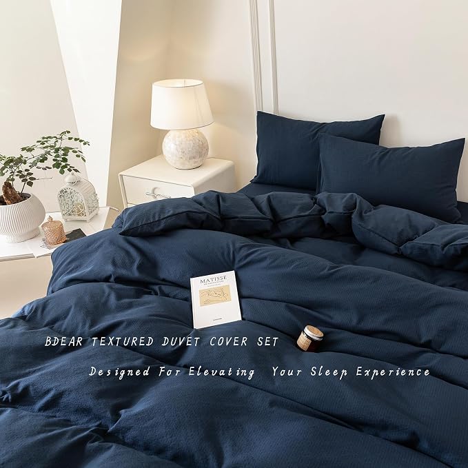 BDEAR 3Pcs Navy Blue Pinstriped Duvet Cover Set Queen Size 90''Wx90''L | Light Weight Design, 1 Duvet Cover with 2 Pillowcases, Zipper Closure, OEKO TEX Standard,8 Corner Ties, Skin Friendly