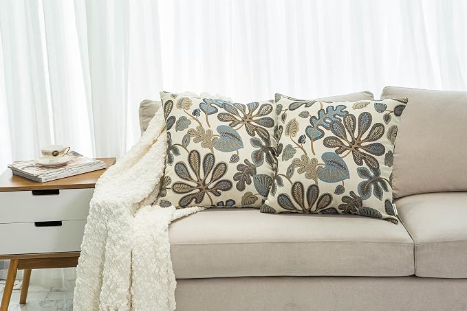 Mika Home Set of 2 Jacquard Tropical Leaf Pattern Throw Pillow Covers Decorative Pillowcase 20x20 Inches, Blue Cream