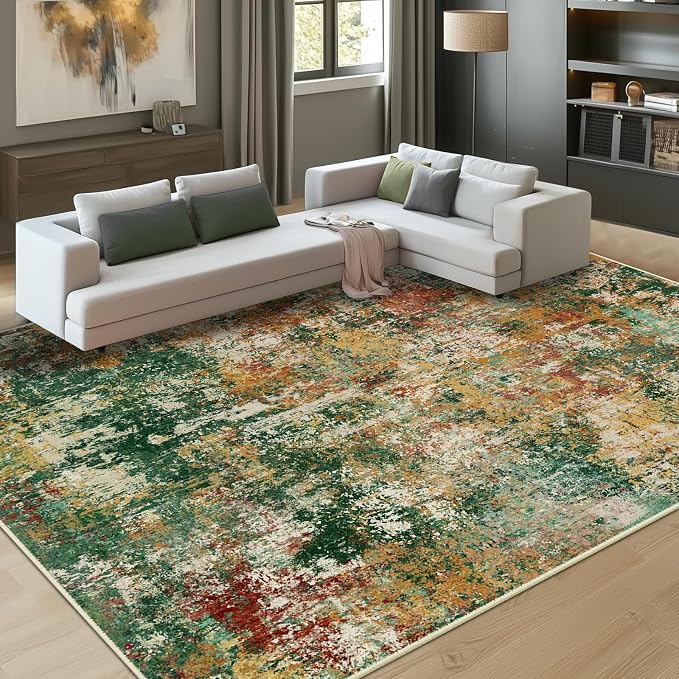 RELEANY Washable 9'x12' Abstract Area Rug for Living Room Green Multi | Carpet for Bedroom, Kitchen, Office, Hallway and Entryway, Printed Pattern, Non‑Slip, Soft, Stain‑Resistant, Easy to Clean