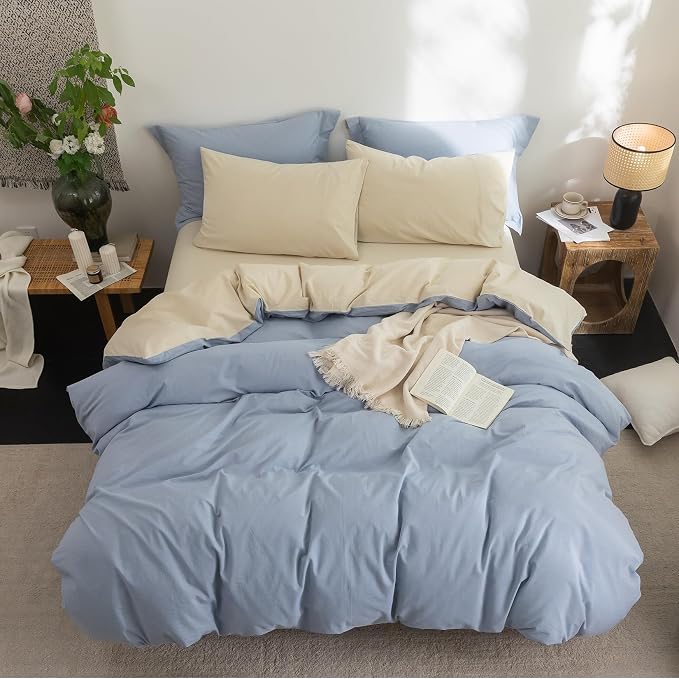 BDEAR Reversible Twin Size Duvet Cover Set 90 x 68inch,Blue and Almond Grey | 100% Washed Cotton, 1 Duvet Cover with 1 Pillowcase, Zipper Closure, OEKO TEX Standard,8 Corner Ties,Linen-Liked Texture