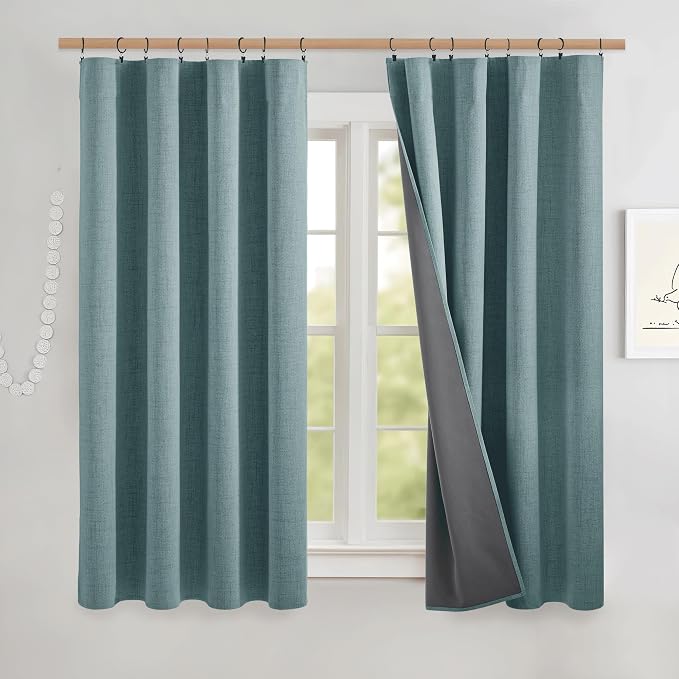 NICETOWN 100% Blackout Curtains 63" Long for Kitchen 2 Panels, Skylark Blue | Linen Look, Noise Reducing, Thermal Insulated, Keeping Out Cold Air and Heat Panels for Nursery Privacy, W52" x L63" Each