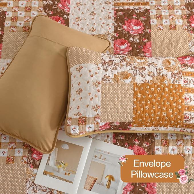 Quilt Set Queen Size, Brown Orange Patchwork Fall Bedding Set | Farmhouse Floral Plaid Bedding Set with Red Flower Pattern, 3 Pieces Soft Microfiber Reversible Bed Cover for All Season