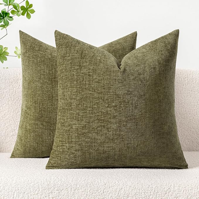 MIULEE Soft Chenille Throw Pillow Covers Olive Green 18x18 Inch Pack of 2 | Modern Home Decor, Classic Decorative Pillows, Solid Dyed Cases, Boho Couch Cushion Covers for Sofa Bed Living Room