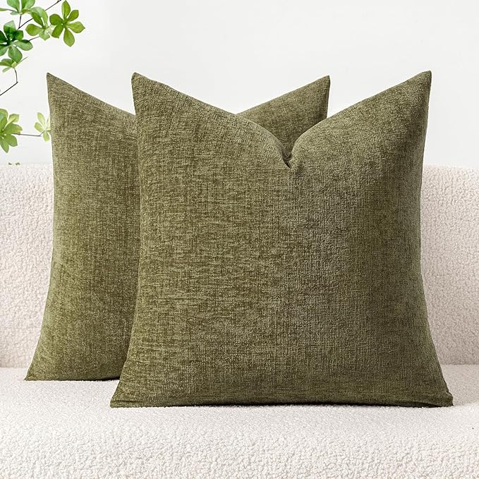 MIULEE Soft Chenille Throw Pillow Covers Olive Green 20x20 Inch Pack of 2 | Modern Home Decor, Classic Decorative Pillows, Solid Dyed Cases, Boho Couch Cushion Covers for Sofa Bed Living Room