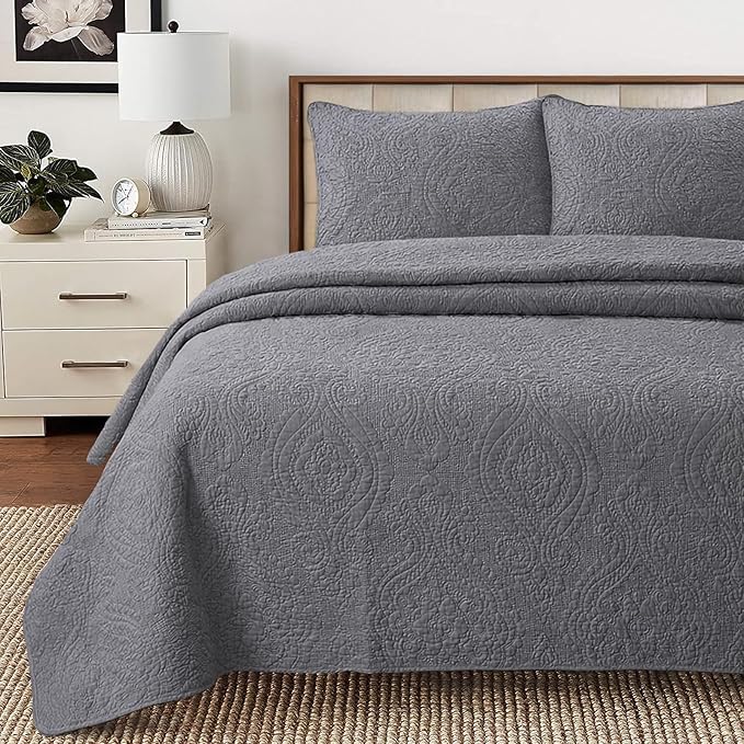 Cozy Line Home Fashions Charcoal Gray Cotton Quilt Set – 3-Piece Solid Textured Quilted Bedspread with Shams, Lightweight All Season Modern Bedding (Medallion - Grey, Queen - 3 piece)