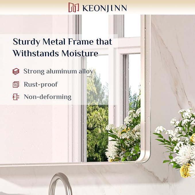 Keonjinn 20 x 30 Inch Brushed Nickel Bathroom Mirrors for Over Sink | HD Tempered Glass, Silver Vanity Mirror, Rust-Resistant Aluminum Frame, Rounded Rectangle, French Cleat Mount, Home Décor