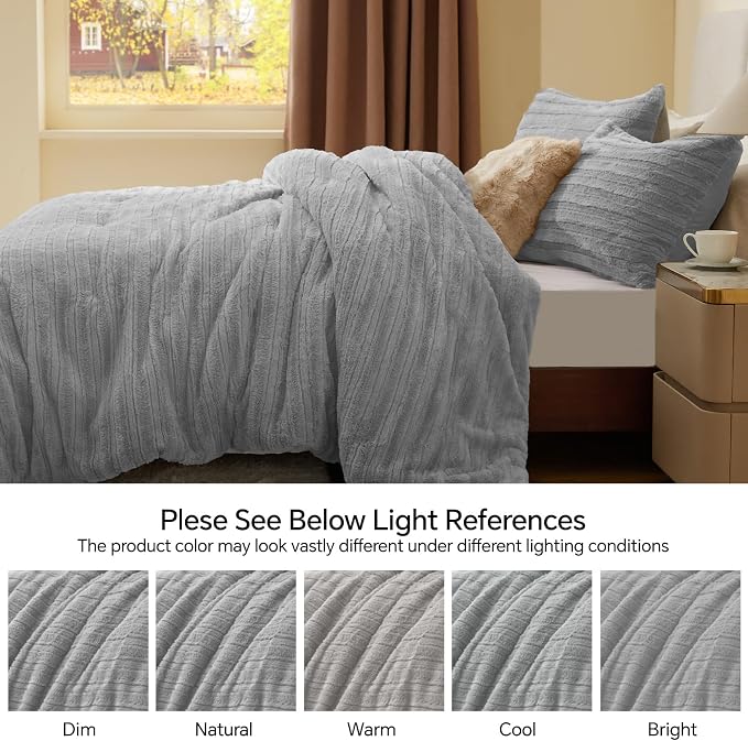 BEDELITE Faux Fur Queen Comforter Set, Fluffy Bed Set, Light Grey | Super Soft & Warm, Luxury Fuzzy Cozy Comforter for Winter, Heavy Plush Bed set, with 2 Pillowcases