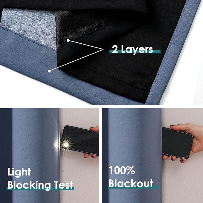 ChrisDowa 100% Blackout Curtains for Bedroom 63 Inches Long 2 Panels Set | 2 Thick Layers, Thermal Insulated, Light Blocking, Grommet, Window Treatment, Living Room Drapes, Stone Blue, 52 x 63 Inch