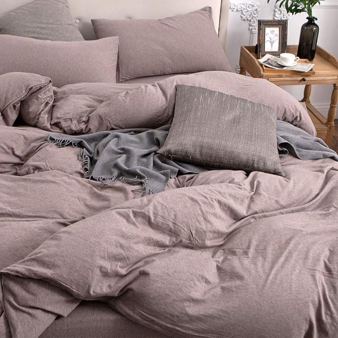 PURE ERA Jersey Knit Sheet Set Heather Brown Queen | 100% Cotton, 3 Piece Set, T Shirt Soft, Breathable, Envelope Closure Pillowcases, Hidden Zipper, 8 Ties, No Insert, Modern