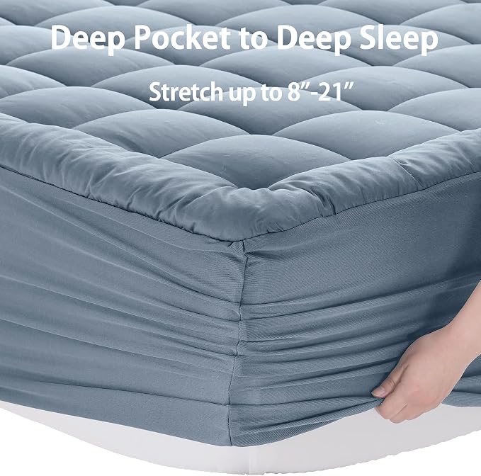 EASELAND Twin XL Mattress Pad Cotton Pillow Top Mattress Topper for Dorm | College Dorm Mattress Cover Cooling 8-21" Deep Pocket 39x80 Inches Dusty Blue,Boxing Quilted & Machine Washable