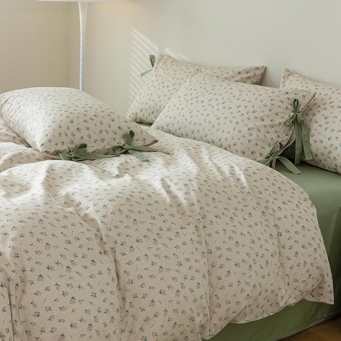 mixinni Country Style Duvet Cover King Size - Cottagecore Green Floral Vintage Bedding 3PC with Bow Ties Pillowcases, 100% Cotton Soft Aesthetic Boho Comforter Cover for Girls-King Size