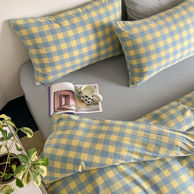 mixinni Plaid Duvet Cover Set Queen Yellow - Soft Washed Cotton Modern Geometric Bedding Set with 2 Pillowcases, Blue Green Gingham Grid Queen Duvet Cover for Men & Women, Soft & Lightweight