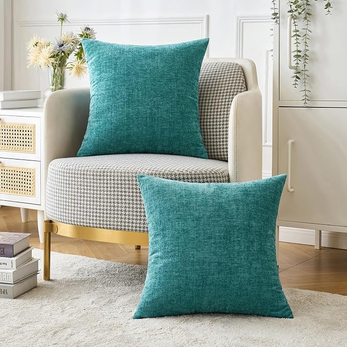 MIULEE Soft Chenille Throw Pillow Covers Teal 18x18 Inch Pack of 2 | Modern Home Decor, Classic Decorative Pillows, Solid Dyed Cases, Boho Couch Cushion Covers for Sofa Bed Living Room