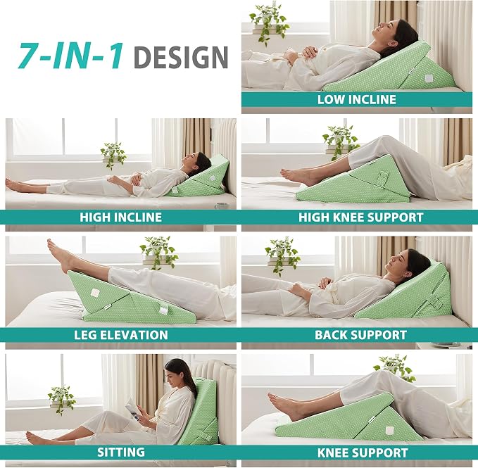 Wedge Pillow for Sleeping, Adjustable 9&12 Inch Foldable Bed Wedge Pillow Set, Orthopedic Memory Foam Triangle Pillows Wedge, 7-in-1 Elevated Pillows for Leg and Back Support, Green