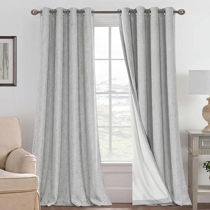 H.VERSAILTEX Blackout Curtains Linen Curtains 120 inches Long 100% Black Out Curtains for Bedroom Windows, Textured Linen Look Draperies Grommet with White Liner, 2 Panels, Glacier Gray