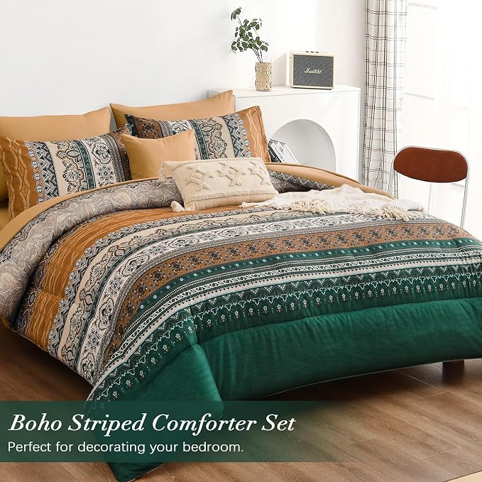 Cottolester Boho Comforter Set Full Size,8 Pieces Brown and Green Bohemian Striped Bed in a Bag,Paisley Soft Microfiber Bedding Comforter Set