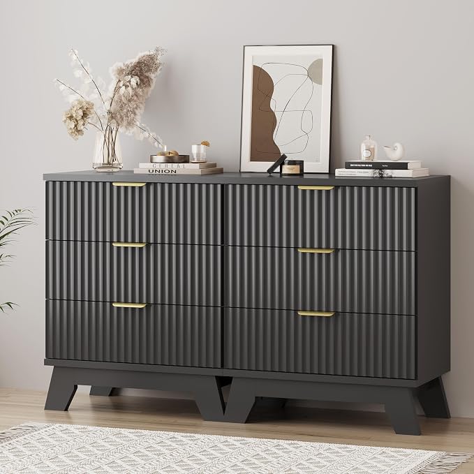 Fluted Dresser for Bedroom with 3 Drawers, 24" Wide Modern Chest of Drawers with Metal Handle, Wooden Dresser TV Stand, Wood Closet Clothes Storage Drawer Organizer for Living Room, Hallway, Black