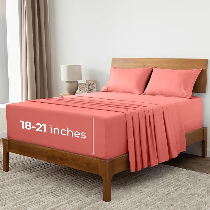 Mellanni Iconic 4-Piece, Ultra Soft Sheet Set (King, Coral) | 10M+ Sleepers. Lab-tested: Sleeps Cool, Stays Bright, Strong, Smooth. Good Housekeeping Best Bedding, 7 yrs running.