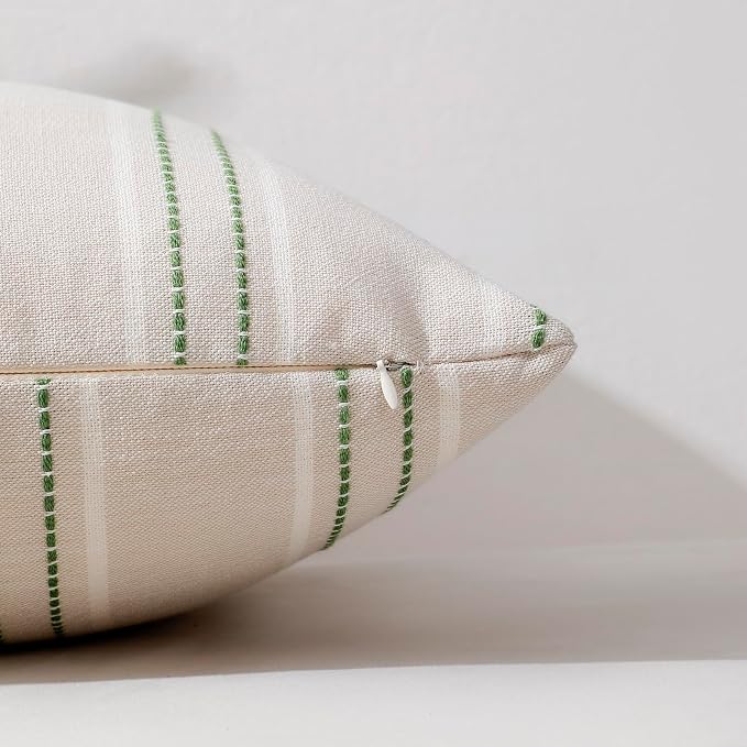 Hckot Striped Throw Pillow Covers 20x20 Set of 2 Grass Green Pillow Covers | Farmhouse Decorative Pillows Textured Linen Square Cushion Covers for Sofa Couch Bed Living Room Decor(Grass Green)