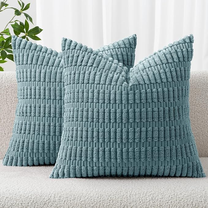 MIULEE Corduroy Decorative Throw Pillow Covers 18x18 Coastal Blue Pack of 2 | Soft Boho Striped Pillow Covers Modern Farmhouse Home Decor For Sofa Living Room Couch Bed