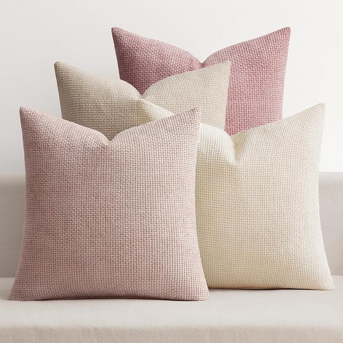 MIULEE Soft Decorative Chenille Pillow Covers Light Pink 16x16 Pack of 4 | Shabby Chic Decor, Romantic Blush Neutral Set, Couch Throw Pillows, Farmhouse Boho Cushion Covers for Sofa Bed Living Room