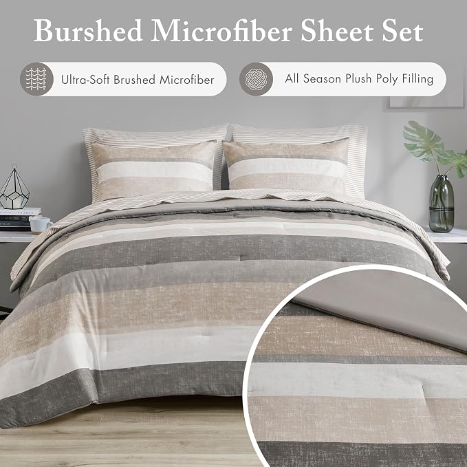 Madison Park Essentials King Comforter Set, Bed in A Bag Comforter & Sheet Set, Modern Casual Stripes Print, All Seasons, Soft Microfiber Bedding Makeover, Matching Shams, King Taupe/Grey 7 Piece