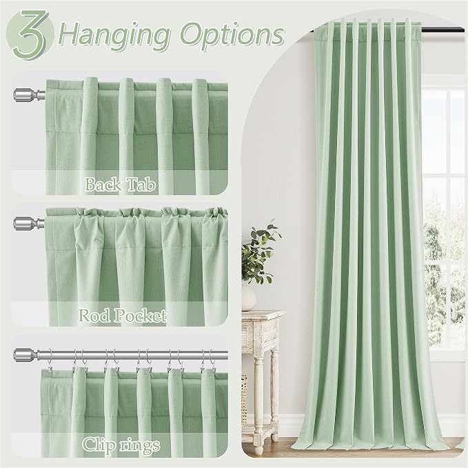 Aqua Green 100% Blackout Linen Curtains 90 Inch Length 2 Panels Set for Living Room Bedroom Back Tab Thermal Insulated Black Out Drapes Room Darkening Window Curtains 90 Inches Long