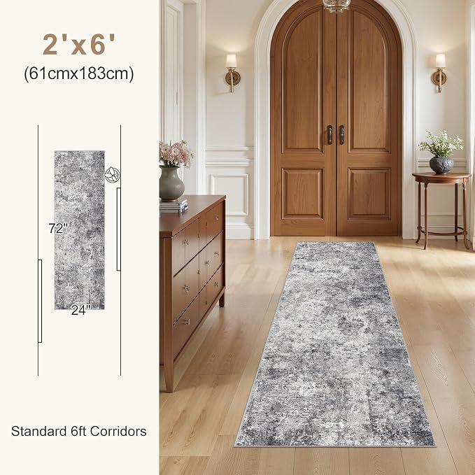 UERMEI 2x6 Washable Runner Rug for Hallway, Non Slip Low Pile Kitchen Carpet, Neutral Modern Abstract Indoor Floor Mat for Entryway Laundry, Kid & Pet Safe High Traffic Area, Grey
