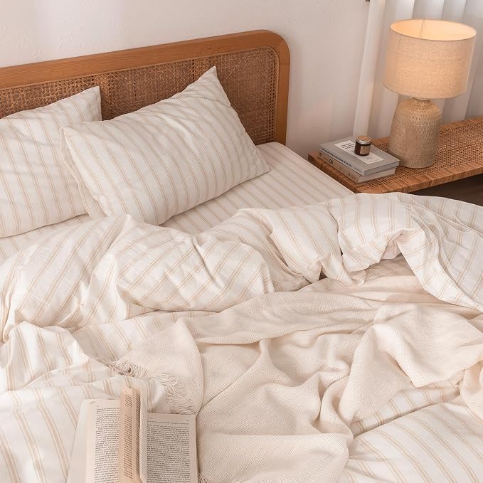 BESTOUCH Striped Cotton Duvet Cover Set Linen Feel California King | 100% Washed Cotton, Soft Wrinkle Texture, Hidden Zipper, 8 Ties, Breathable Lightweight Durable Comfy, 3 Pcs No Insert
