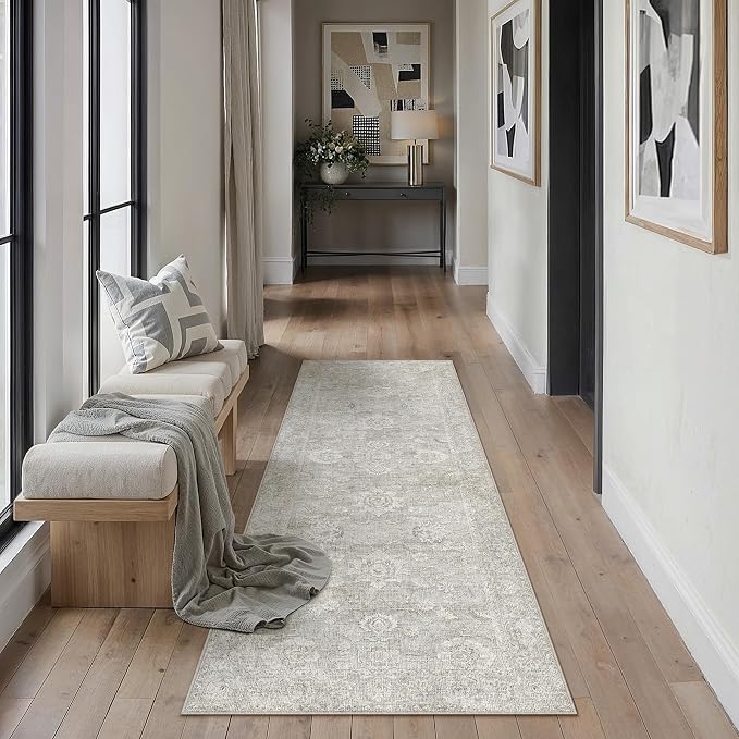 2x6 Grey Neutral Runner Rug | Washable, Vintage, Soft, Non Slip, Low Pile, Distressed, Carpet for Kitchen Hallway Bathroom Indoor Nursery Home Decor