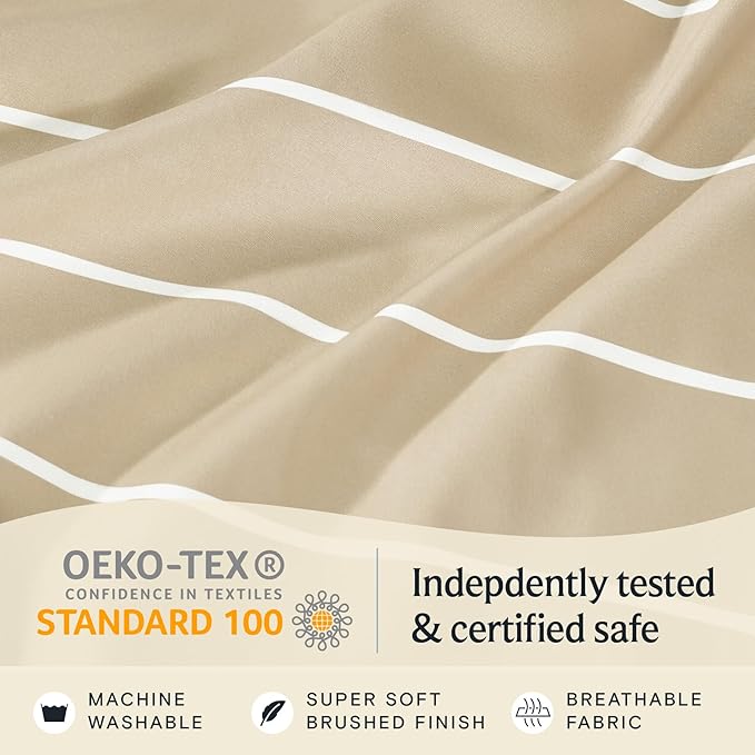 LuxClub 4 PC Queen Size Sheet Set, Breathable Luxury Bed Sheets, Deep Pockets 18" Wrinkle Free Cooling Machine Washable Hotel Bedding (Striped Cream) | LuxClub Silky Fitted Sheet & Pillowcase Sets, Breathable Hotel Luxury Bedding for Mattress Wrinkle F...