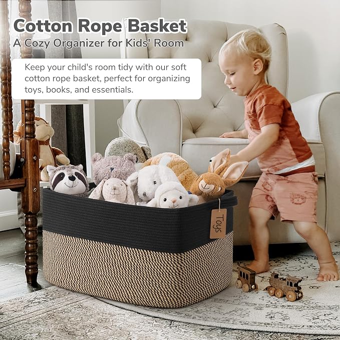 Goodpick 75L Extra Large Woven Blanket Basket, Rectangle, Black & Jute | 22" × 17" × 12" Decorative Wicker Storage Basket for Pillows, Toys & Clothes, Fits Living Room & Nursery Organization