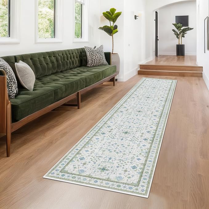 Oushak 3x10 Wide Hallway Runner Rug - Vintage Turkish Floral, Washable Low Pile Non Slip 10ft Long Runners for Kitchen, Hall Way - Light Blue and Green