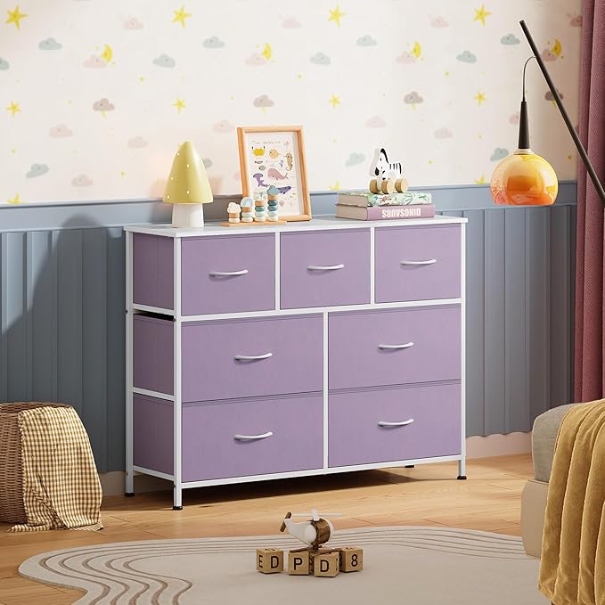 WLIVE Dresser for Bedroom, 7 Drawers, TV Stand, Purple | 7 roomy fabric drawers, Fits TVs up to 45 inch, Bedroom or living room, Wide storage design, Chest of drawers
