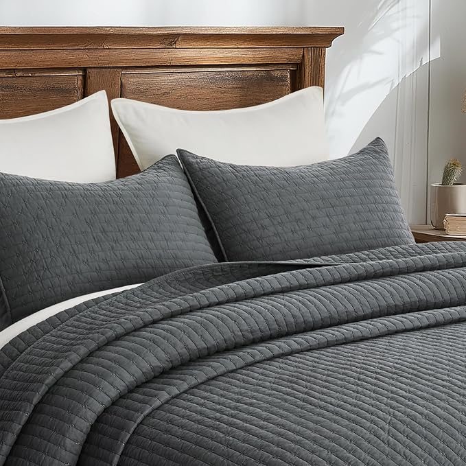 100% Cotton Cross Stitch 3-Piece Quilt Set, King, Charcoal | Cross Stitch Cotton Quilt, Pre-Washed Bedding Set, Oversized Lightweight Bedspread Coverlet, for All Season, with 2 Shams