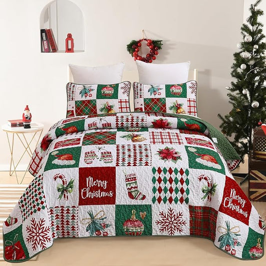 Mybedsoul Christmas Quilt Set Queen Size, Christmas Patchwork Bedding Set | 3 Pieces Snowflake Wreaths Pine Holiday, Red Vanilla Grid Coverlet Bedspread Coverlet with 2 Pillowcases for All Seasons