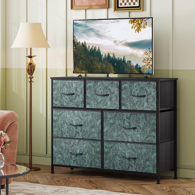 WLIVE Dresser for Bedroom, 7 Drawers, TV Stand, Vintage Green | 7 roomy fabric drawers, Fits TVs up to 45 inch, Bedroom or living room, Wide storage design, Chest of drawers