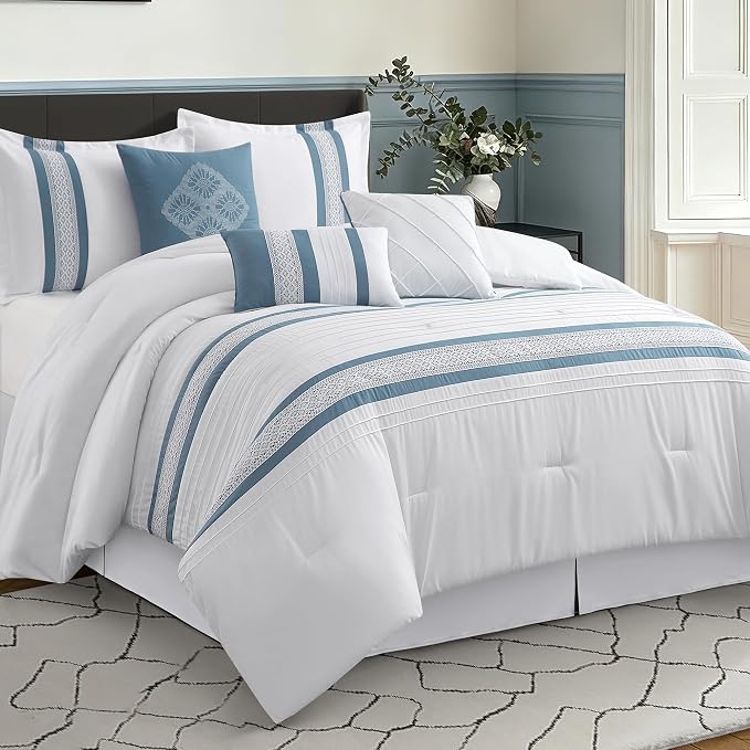 7 Piece Comforter Set, Blue White, King Size, Boho Style Geometric Microfiber Embroidery, Bed in a Bag with Bedskirt, Pillow Shams and Decor Pillows