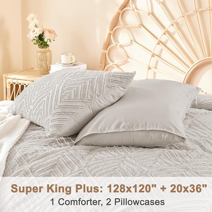 Litanika Super King Plus Comforter Set, 3 Pcs Tufted Boho Bedding Set | Linen Grey Farmhouse Shabby Chic Vintage Bohemian Textured Aesthetic Soft Fluffy Lightweight Breathable All Season Bed Set